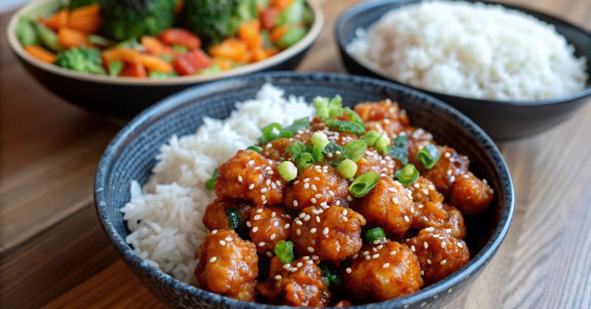 Nutritional information alongside a plate of Honey Sesame Chicken, rice, and vegetables