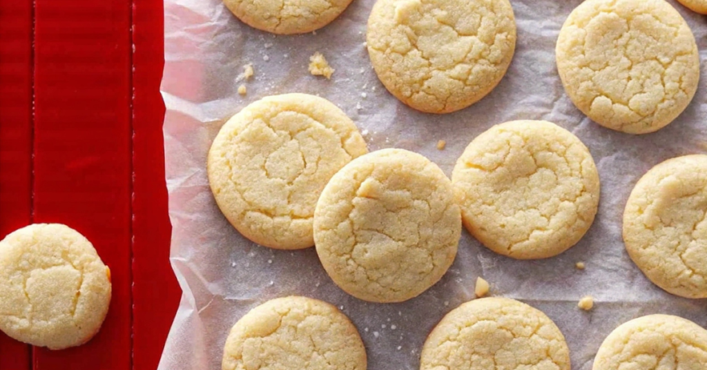 A batch of freshly baked gluten-free sugar cookies with a golden, slightly cracked surface, cooling on parchment paper over a red baking mat.