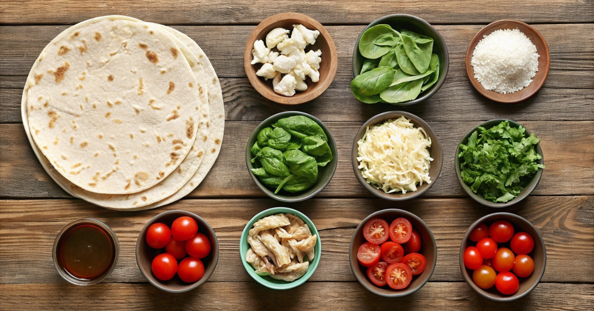 Fresh ingredients for chicken pesto wraps, including tortillas, shredded chicken, cherry tomatoes, fresh basil, spinach, cheese, and pesto sauce, arranged on a rustic wooden surface.