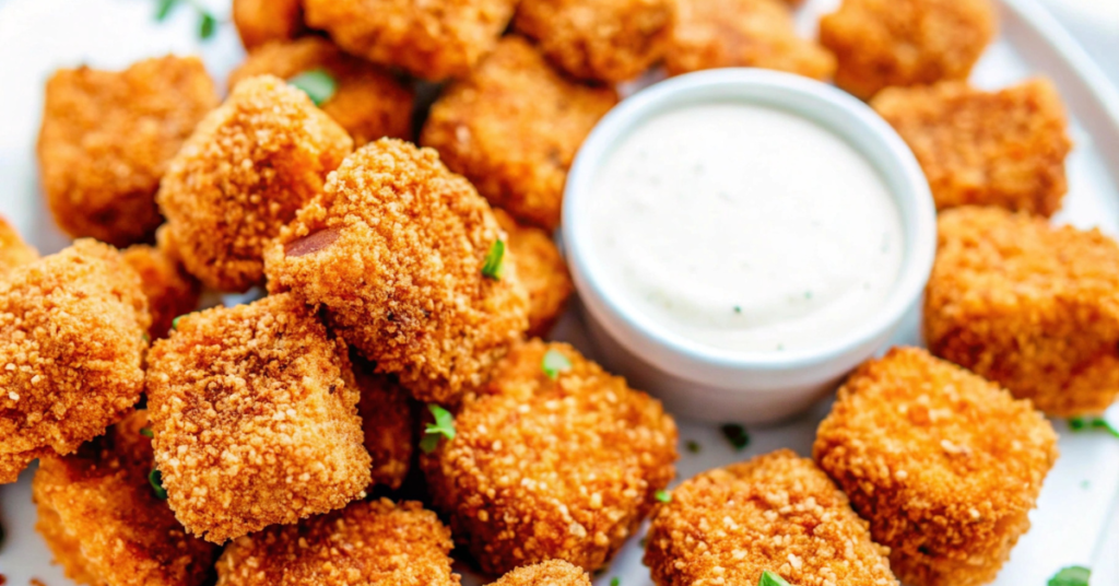 Crispy tofu nuggets served with dipping sauce.