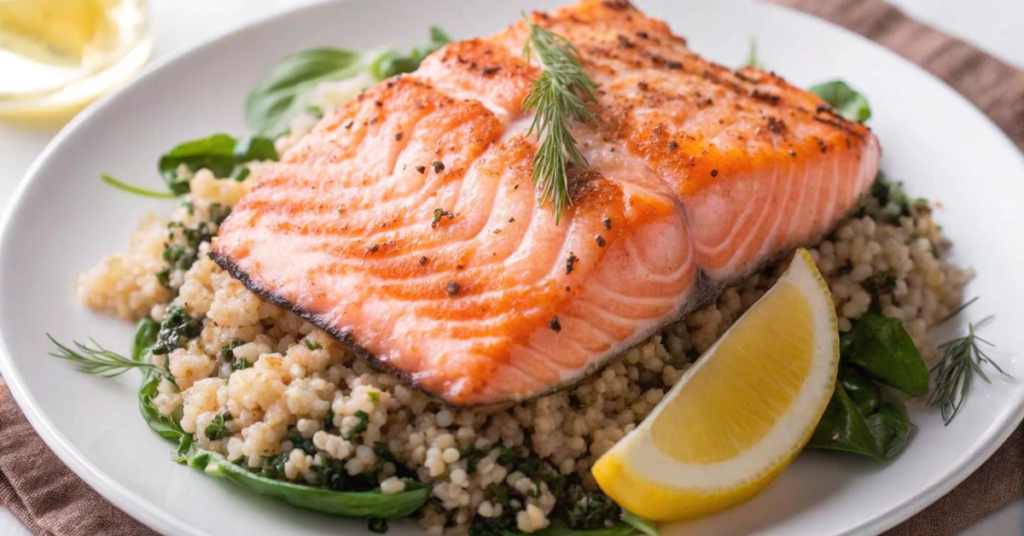 Grilled salmon fillet served with quinoa and spinach, garnished with lemon.