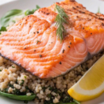 Grilled salmon fillet served with quinoa and spinach, garnished with lemon.