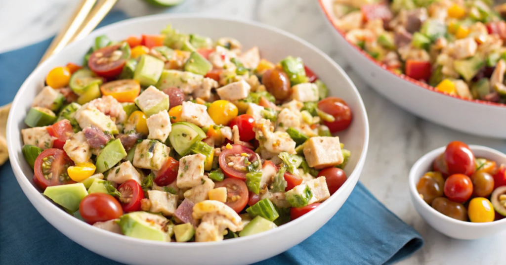 A fresh and colorful Chicken Avocado Salad with cherry tomatoes, cucumbers, and diced chicken in a white bowl.