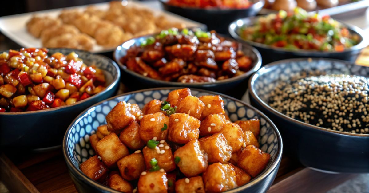 Different variations of Honey Sesame Chicken including chicken, tofu, and spicy versions