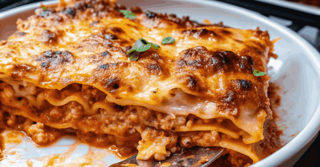 Classic lasagna with layers of pasta, meat sauce, béchamel, and melted cheese, served on a plate.