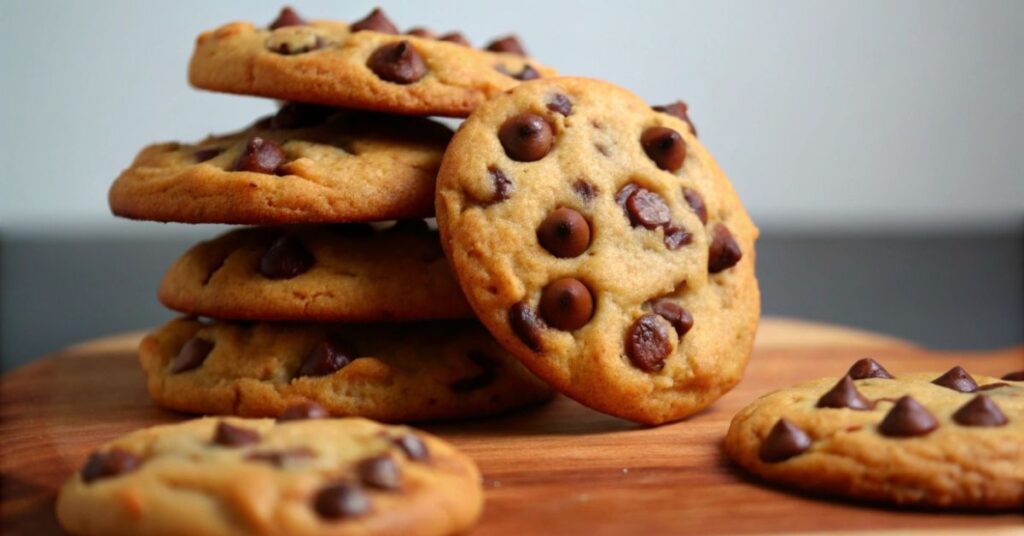 Close-up of freshly baked homemade chocolate chip cookies stacked on a wooden surface, with golden brown edges and melted chocolate chips