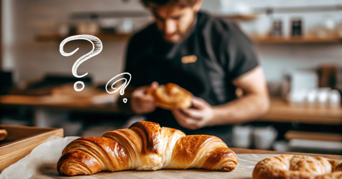 Person in kitchen with Pain au Chocolat surrounded by frequently asked questions