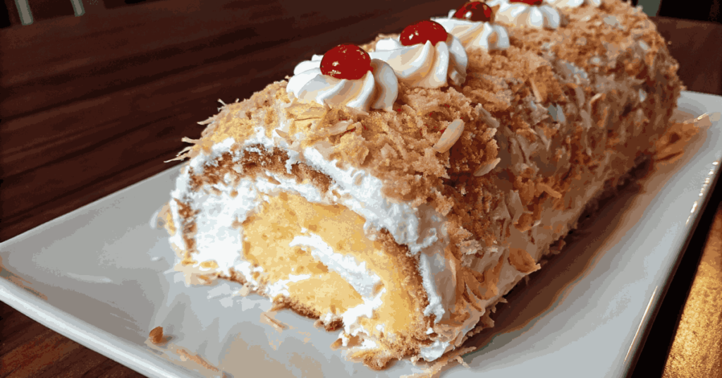 Flavorful Piña Colada Roll Cake Best Recipe with coconut cream frosting, toasted coconut flakes, pineapple slices, and maraschino cherries on a tropical-themed plate.