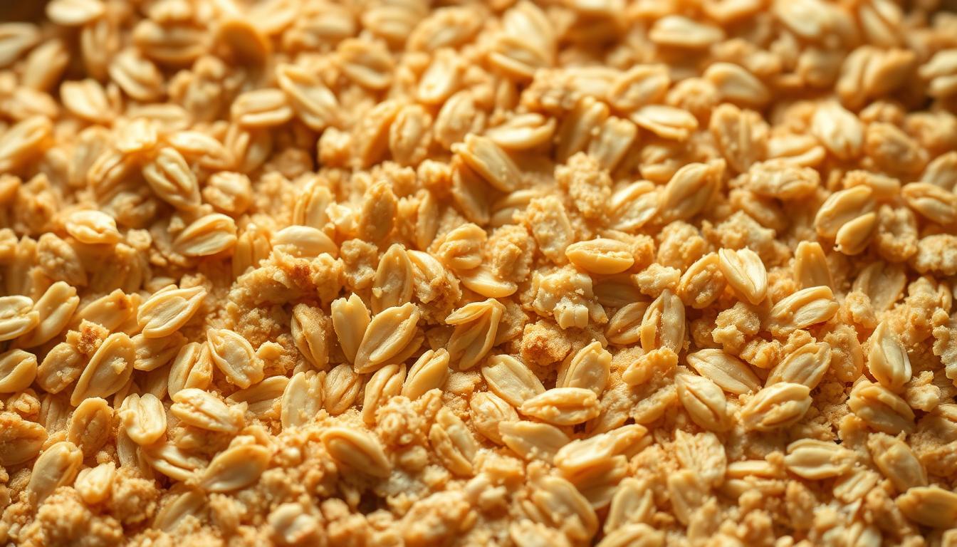 Close-up of a golden oat crumble topping, featuring rolled oats and buttery crumbs, used as a topping for apple oatmeal bars.