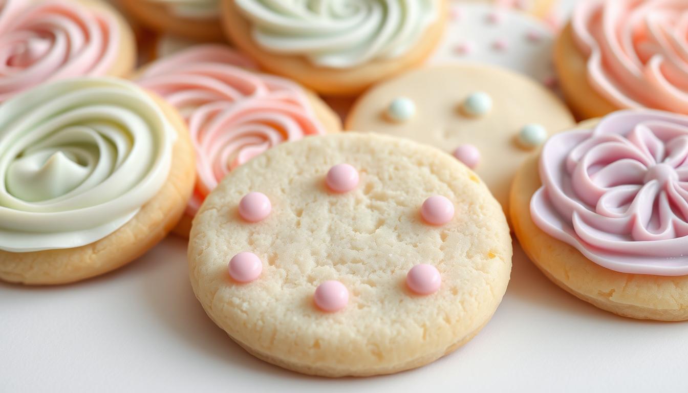 Beautifully decorated gluten-free sugar cookies with pastel frosting swirls and delicate sugar pearls, arranged on a white surface.