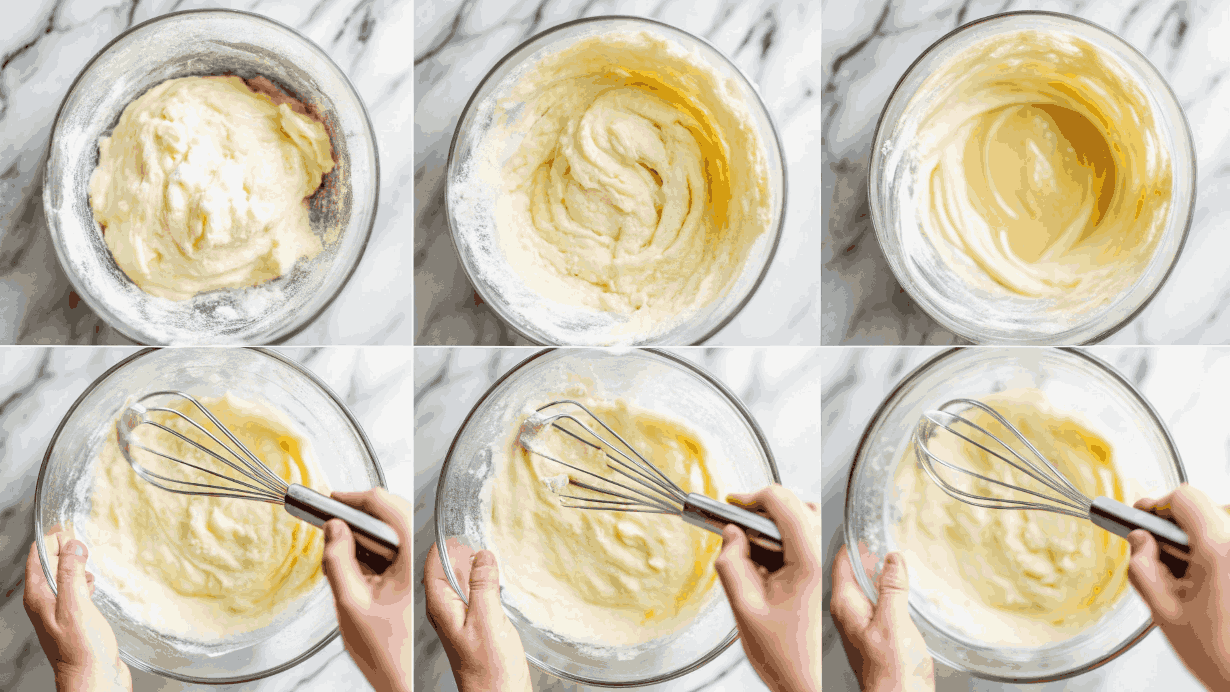  A mixing bowl with cream cheese, sugar, eggs, and vanilla being whisked into a creamy cheesecake filling.