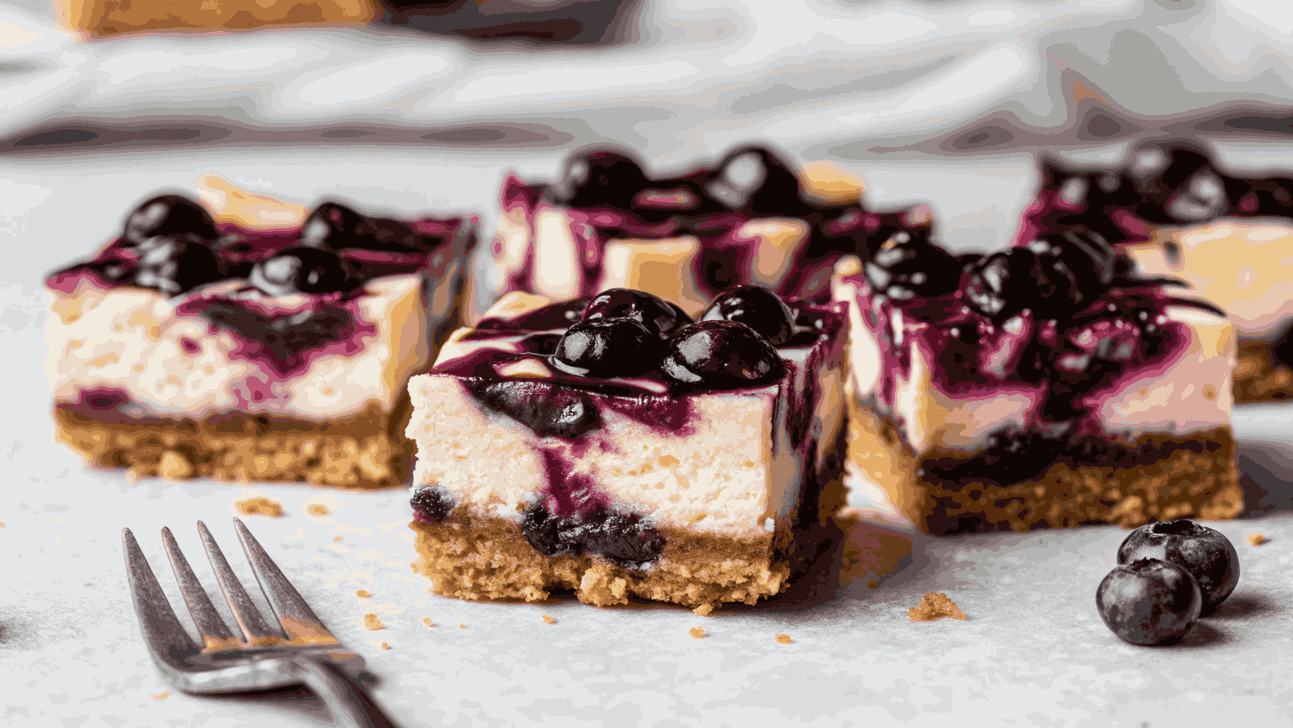 A close-up of a Blueberry Swirl Cheesecake Bar with a bite taken out, showing layers of buttery crust, creamy cheesecake, and vibrant blueberry swirls.