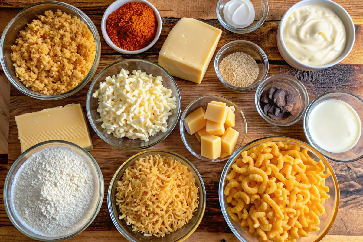 A variety of ingredients for mac and cheese, including different types of cheese, pasta, breadcrumbs, milk, and seasonings, arranged on a wooden surface.