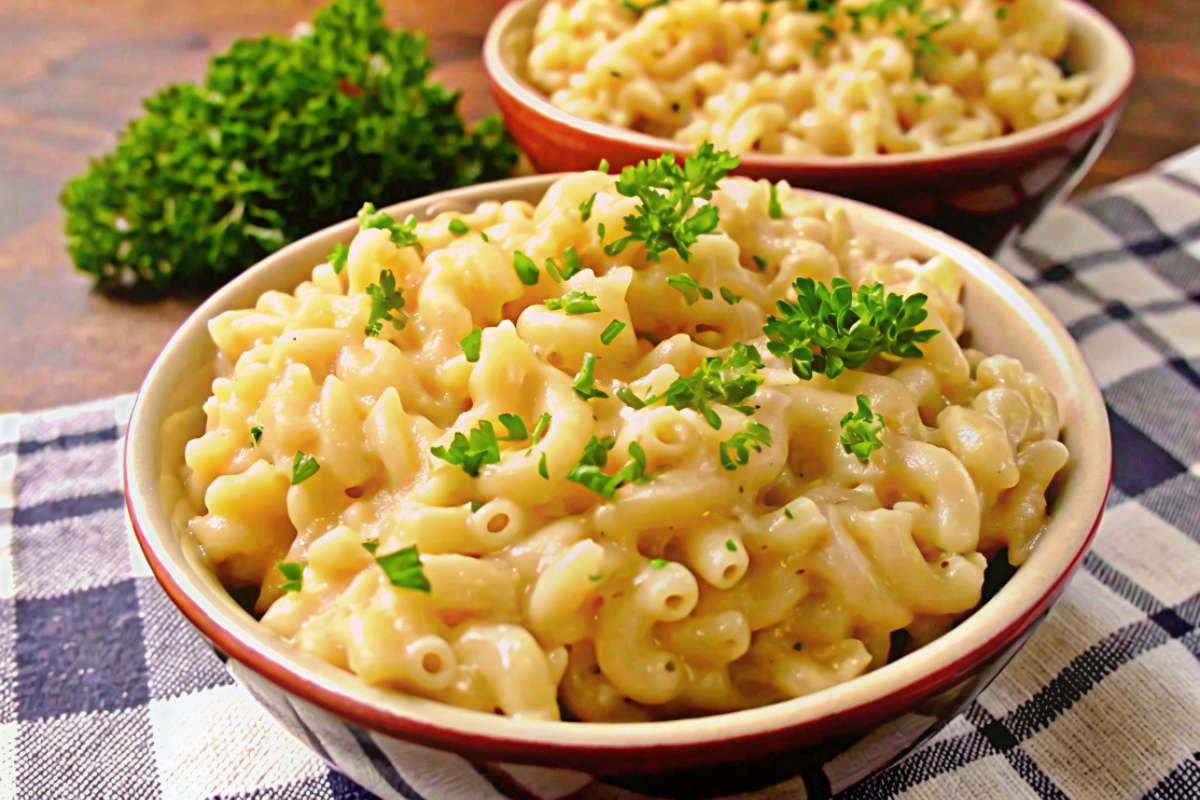 A bowl of creamy mac and cheese garnished with fresh parsley, served in a rustic dish on a checkered tablecloth.