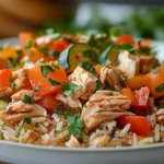 Crockpot chicken, veggies, and rice served on a white plate.