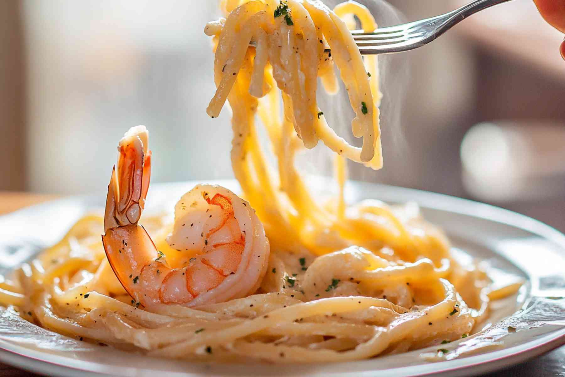 Family-style shrimp and pasta recipes in glass dish on wooden table