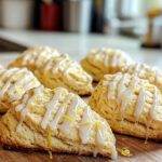 Fresh lemon scones on baking sheet with light glaze drizzle