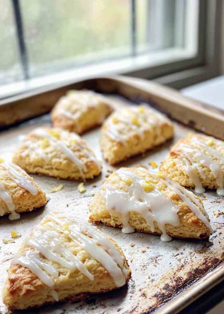 Lemon scones dough with visible zest on floured counter