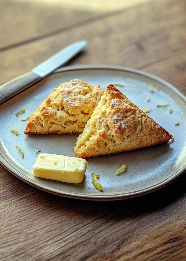 Lemon glaze being drizzled over freshly baked lemon scones