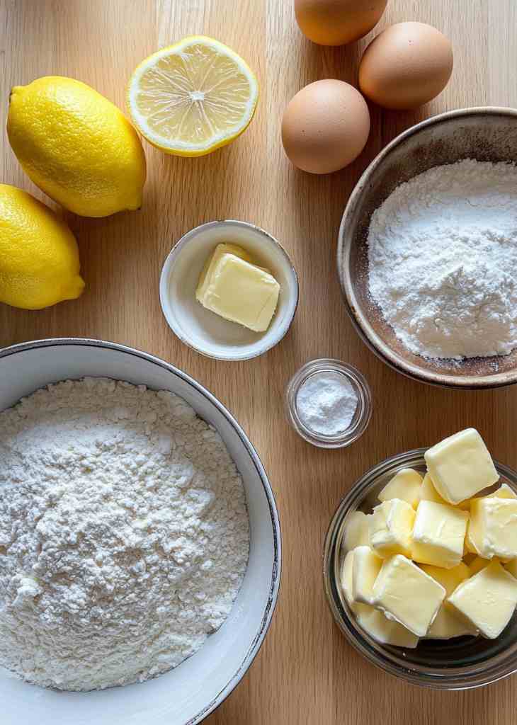 Ingredients for lemon scones including flour, butter, lemon, cream, and egg