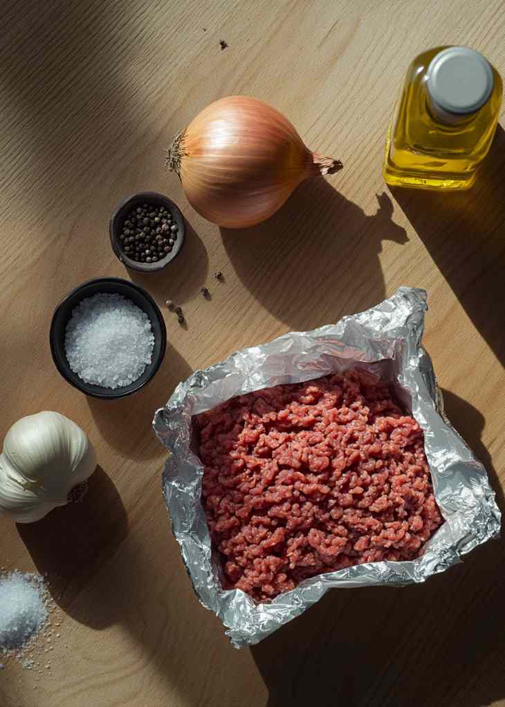 Ingredients for ground beef recipes including beef, onion, garlic, salt, and pepper