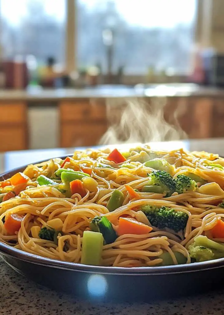 Pasta primavera cooking in skillet with mixed vegetables