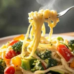 Pasta primavera with mixed vegetables served in white bowl