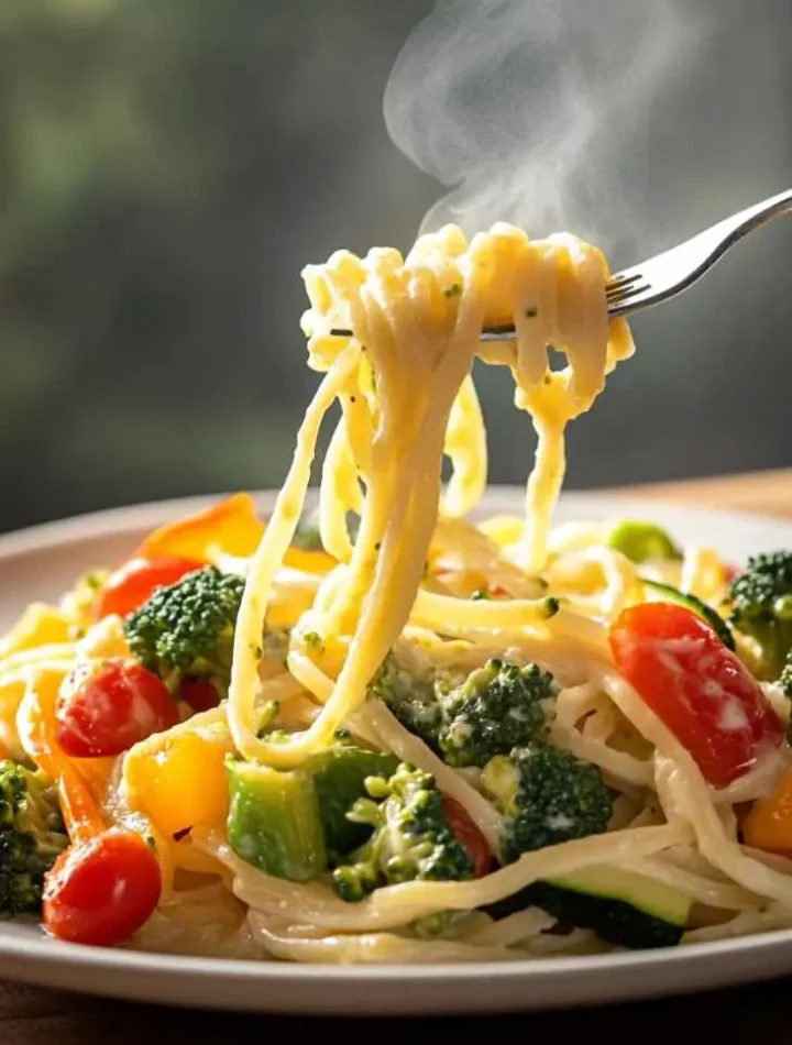 Pasta primavera with mixed vegetables served in white bowl