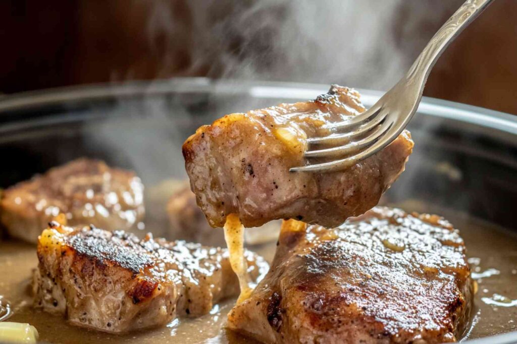 Pork chops in the crock pot served with mashed potatoes and gravy