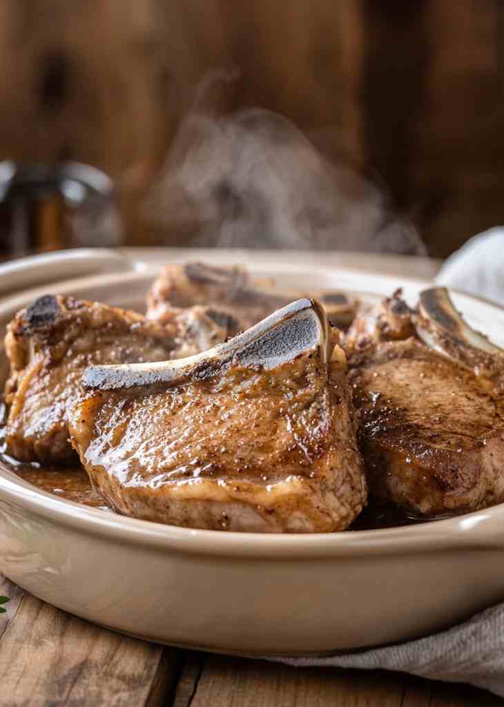 Pork chops in the crock pot resting in slow cooker with thick gravy