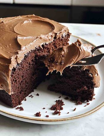 Homemade chocolate cake recipe cooling in round metal pan