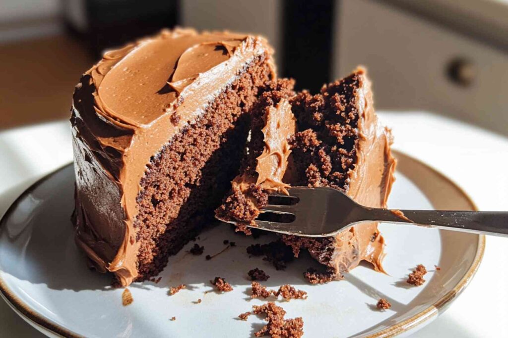 Slice of chocolate cake recipe with frosting on white plate