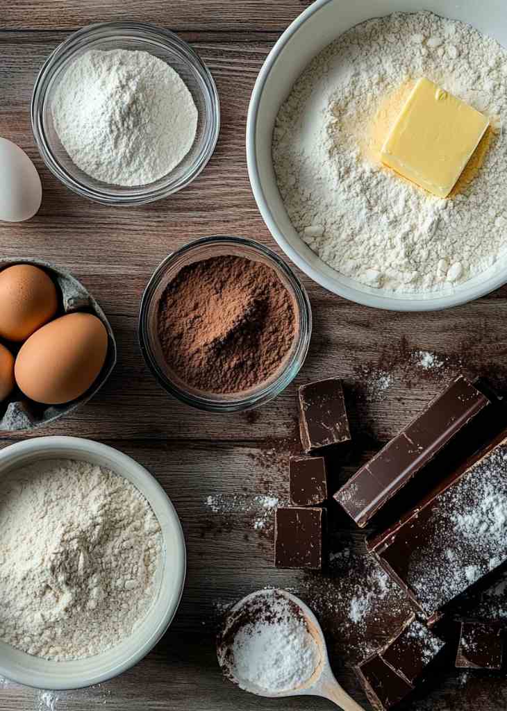 Ingredients for chocolate cake recipe including flour, cocoa, eggs, and butter