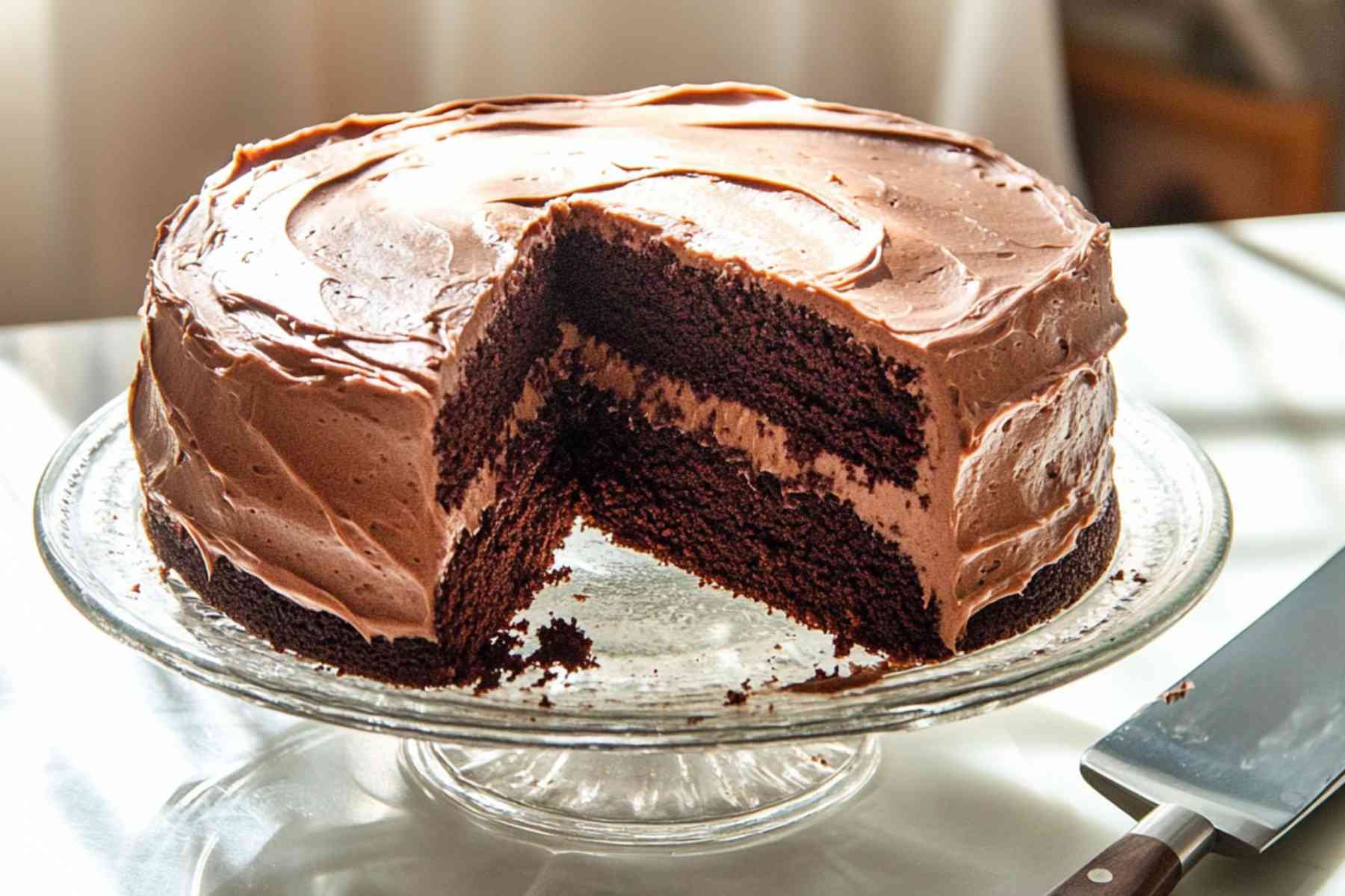Chocolate cake recipe cooling on wire rack on kitchen counter