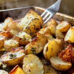 Roasted potatoes on a baking sheet with crispy browned edges