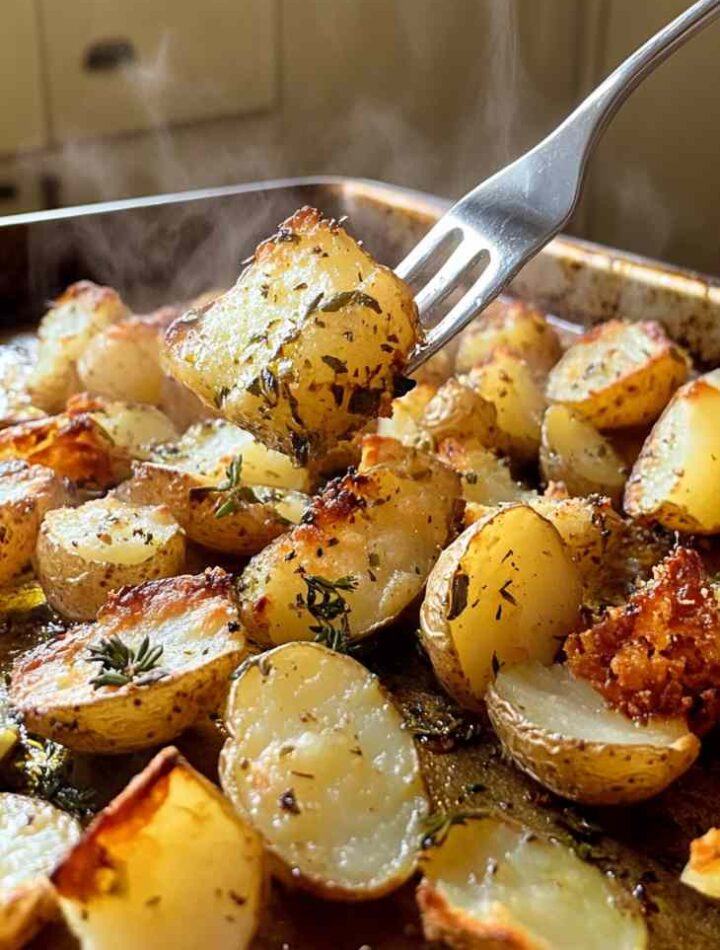 Roasted potatoes on a baking sheet with crispy browned edges