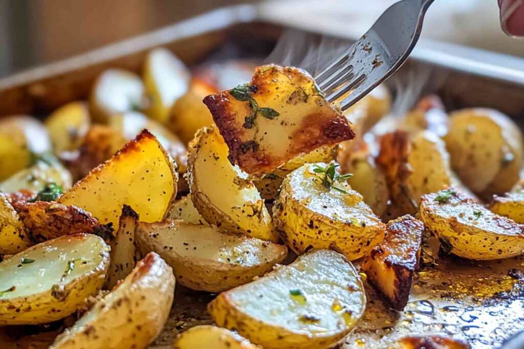 Bowl of roasted potatoes with crispy skins on wooden table