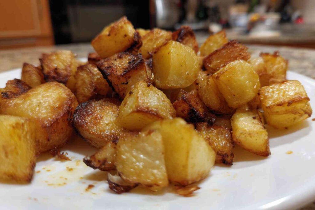 Raw potato chunks seasoned and ready for roasted potatoes