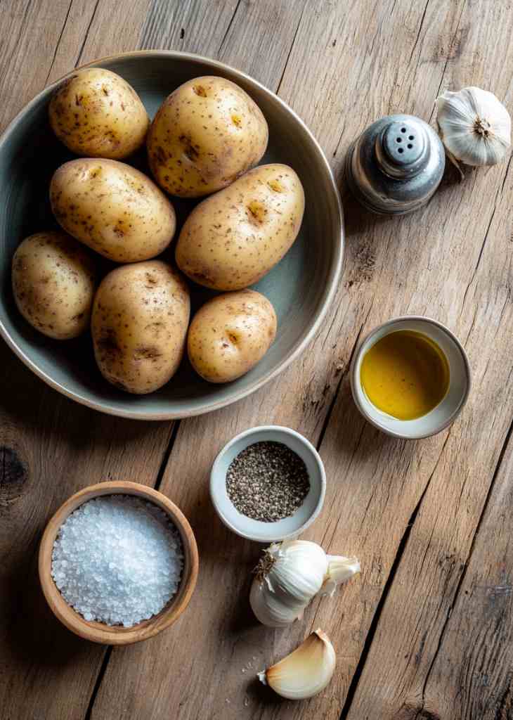 Ingredients for roasted potatoes including whole potatoes, oil, salt, pepper, and garlic