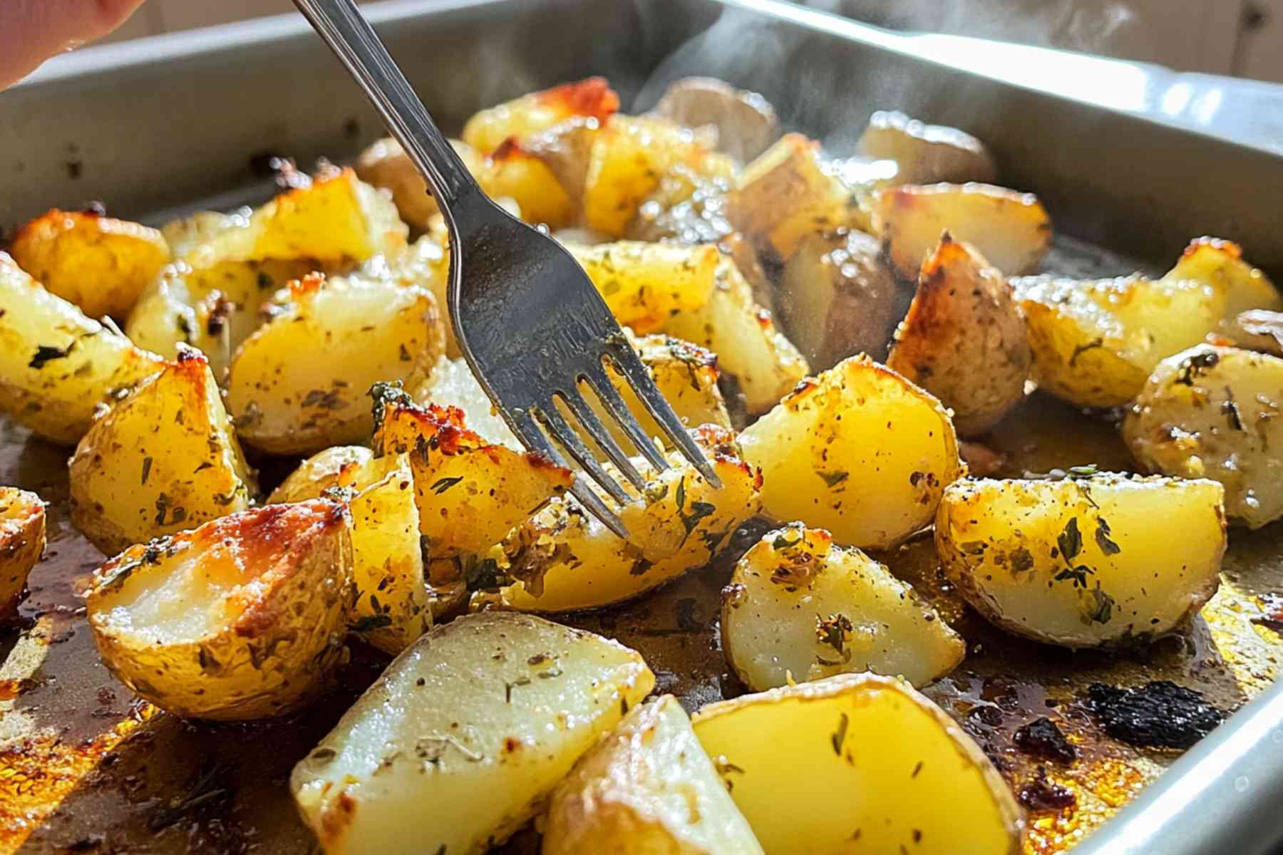 Roasted potatoes cooling on baking tray with crispy browned edges