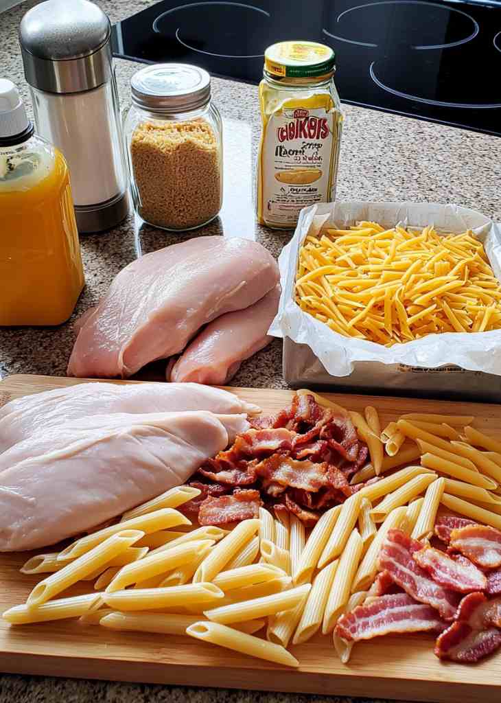 Ingredients for chicken bacon ranch pasta including chicken bacon and pasta