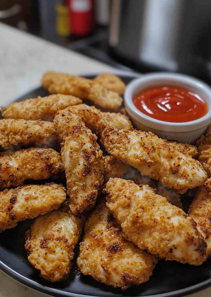 Plated air fryer chicken tenders with dipping sauce on table