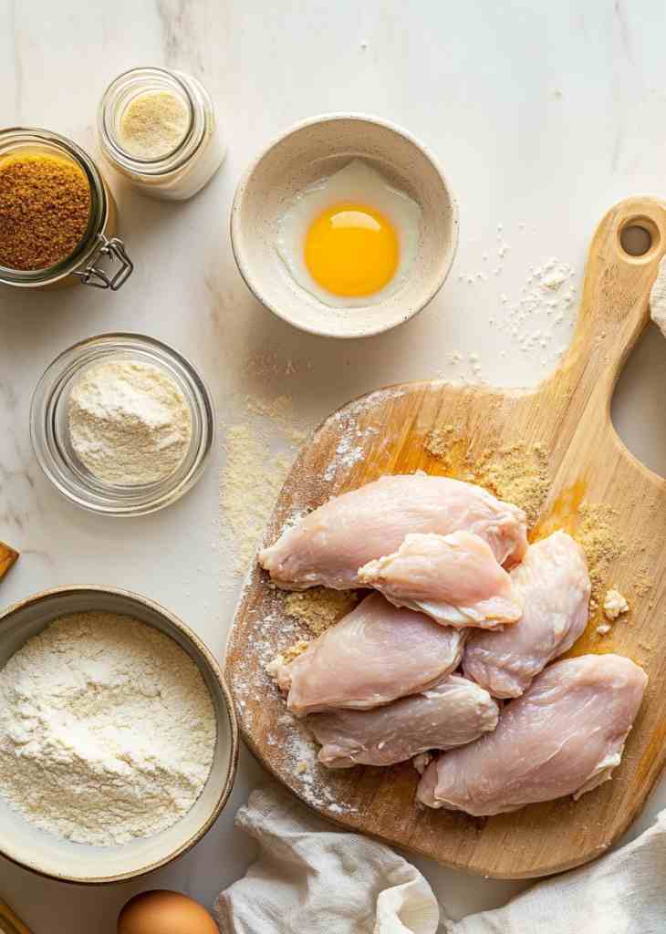 Ingredients for air fryer chicken tenders including chicken breadcrumbs and eggs