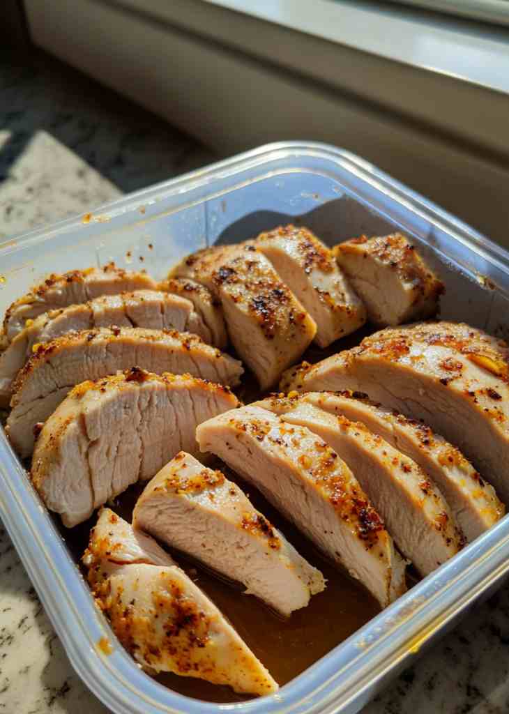 Sliced air fryer chicken breast showing juicy inside on plate