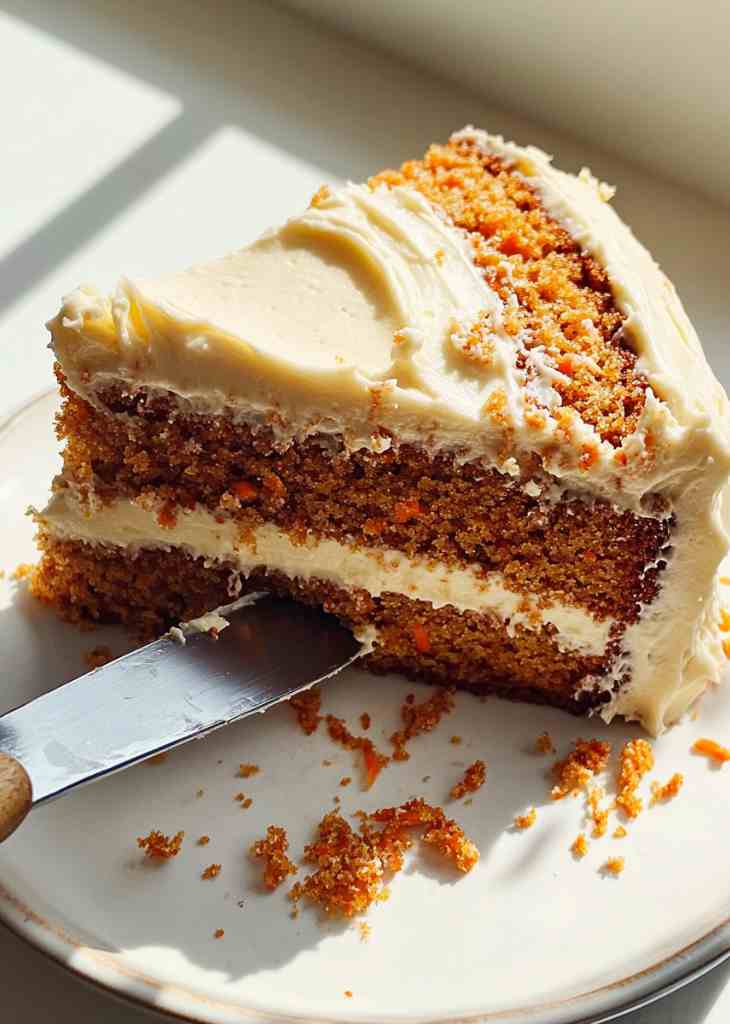 Slice of carrot cake with cream cheese frosting on white plate