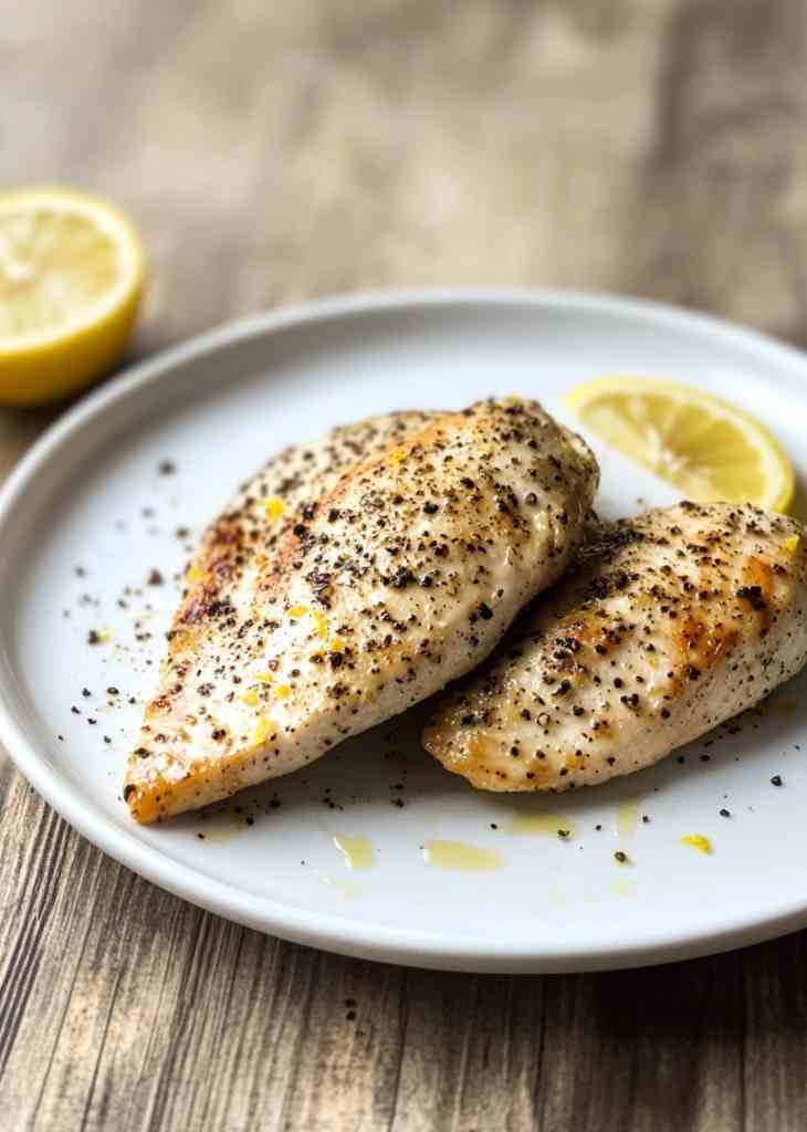 Lemon pepper air fryer chicken breast on white plate