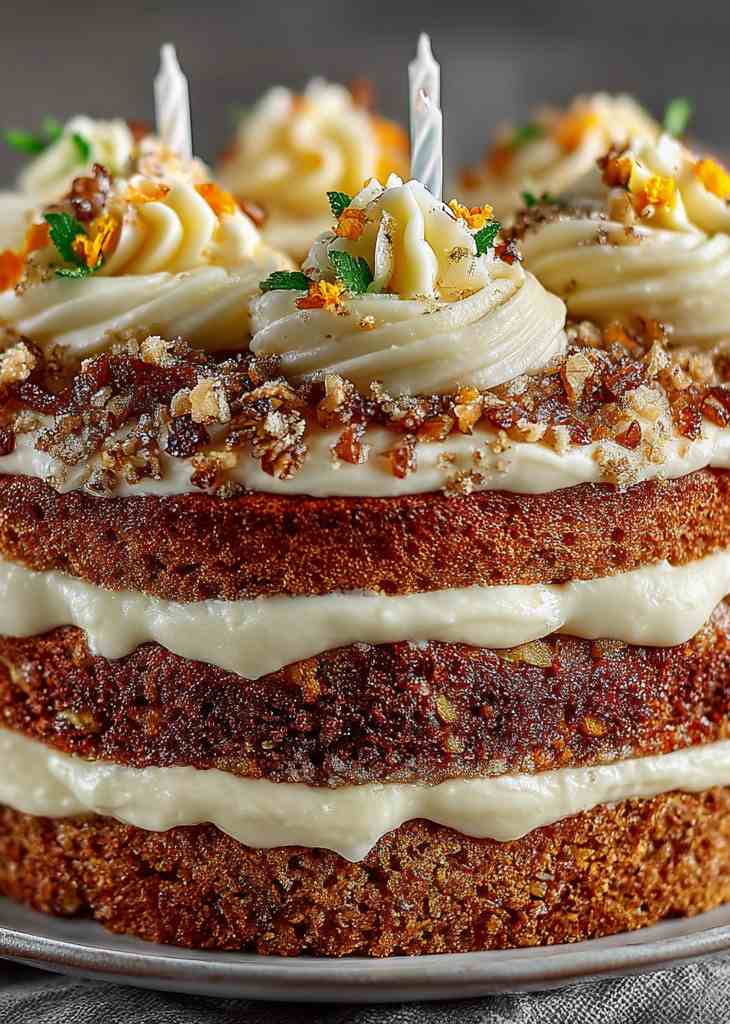 Sliced carrot cake birthday cake showing layered frosting and moist crumb