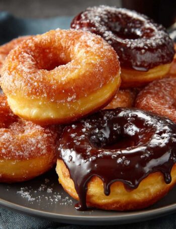 Fresh baked donuts cooling on rack from baked donut recipes