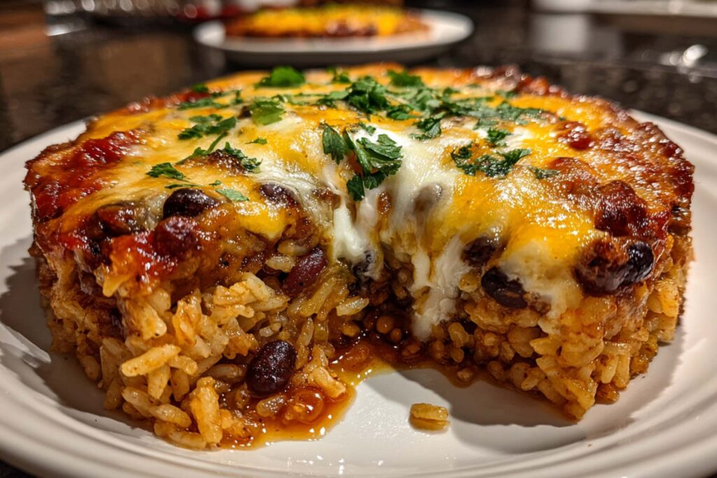 Serving of brown rice and black bean casserole on a plate