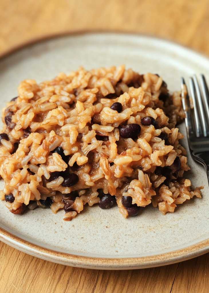Unbaked brown rice and black bean casserole mixture in a metal pan